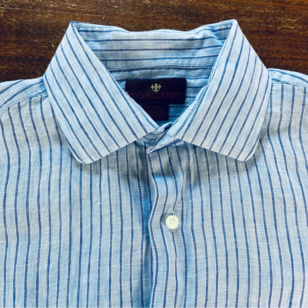 Mens Blue Linen Toscana Striped Button Down Dress Shirt Large L long sleeves